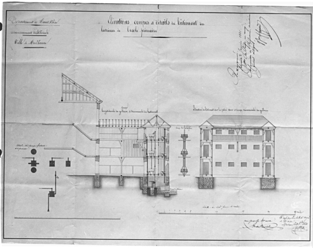 Elévations, coupes et détails du bâtiment des latrines de l'école primaire.