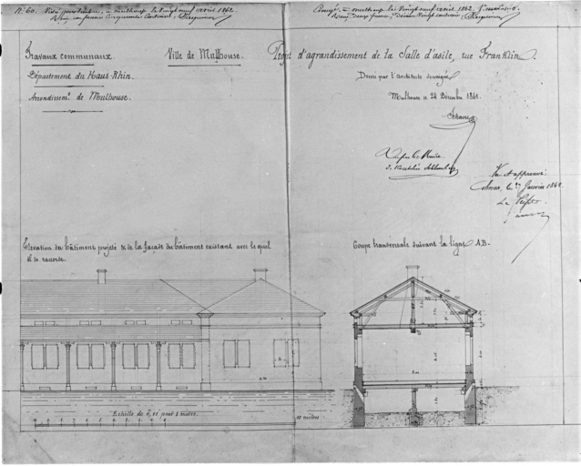 Projet d'agrandissement de la salle d'asile. Elévation du bâtiment projeté et de la façade du bâtiment existant avec lequel il se raccorde. Coupe transversale suivant la ligne AB.