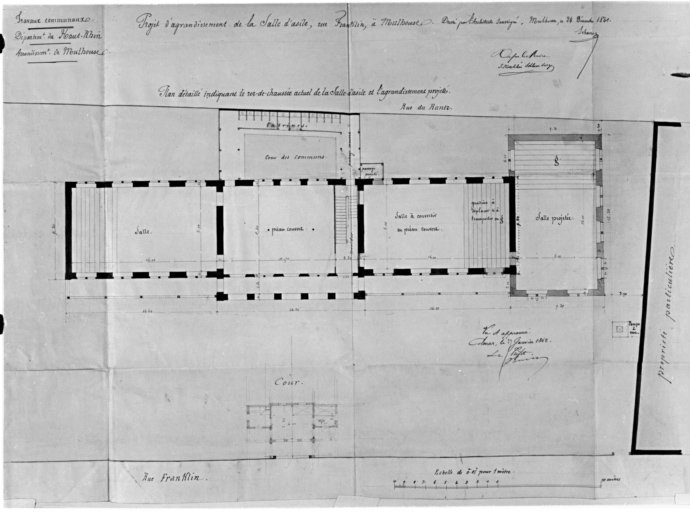 Projet d'agrandissement de la salle d'asile. Plan détaillé indiquant le rez-de-chaussée actuel et l'agrandissement projeté.