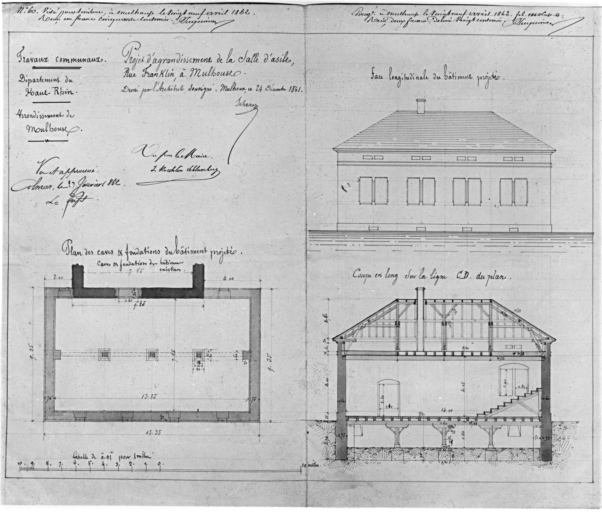 Projet d'agrandissement de la salle d'asile. Face longitudinale du bâtiment projeté. Plan des caves et fondations du bâtiment projeté. Coupe en long sur la ligne CD du plan.