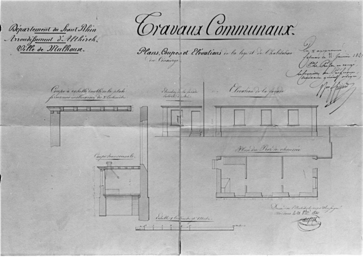 Plans, coupes et élévations de la loge et de l'habitation du concierge.