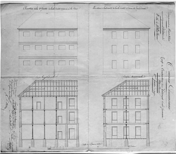 Projet de construction. Elévation de la deuxième partie de l'aile droite opposée à la cour. Elévation de l'extrémité de l'aile droite opposée à la façade d'entrée. Coupe longitudinale. Coupe transversale.