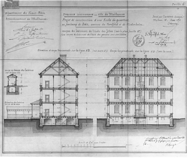 Projet de construction d'une école de quartier, faubourg de Bâle, aux avenues du Norfeld et de Modenheim. Elévation et coupe transversale sur la ligne AB. Coupe longitudinale sur la ligne CD (vers la cour).