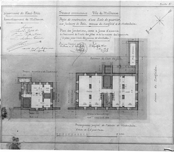 Projet de construction d'une école de quartier, faubourg de Bâle, aux avenues du Norfeld et de Modenheim. Maison de portier et de l'instituteur. Bâtiment de l'école des filles. Plan des fondations, caves et fosses d'aisance.