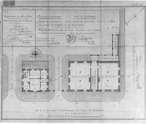 Projet de construction d'une école de quartier, faubourg de Bâle, aux avenues du Norfeld et de Modenheim. Plan du rez-de-chaussée de l'école des filles et de la maison du portier et de l'instituteur. (L'école des garçons est semblable.)