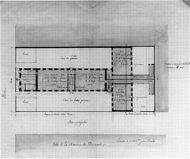 Agrandissement de l'école de quartier de la chaussée de Dornach. Plan.