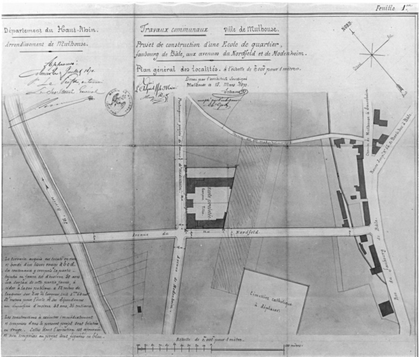 Projet de construction d'une école de quartier, faubourg de Bâle, aux avenues du Norfeld et de Modenheim. Plan général des localités.