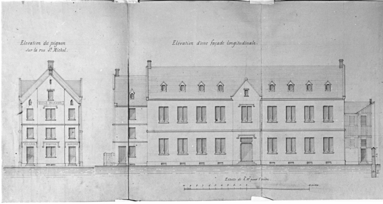 Projet de construction. Elévation du pignon sur la rue Saint-Michel. Elévation d'une façade longitudinale.