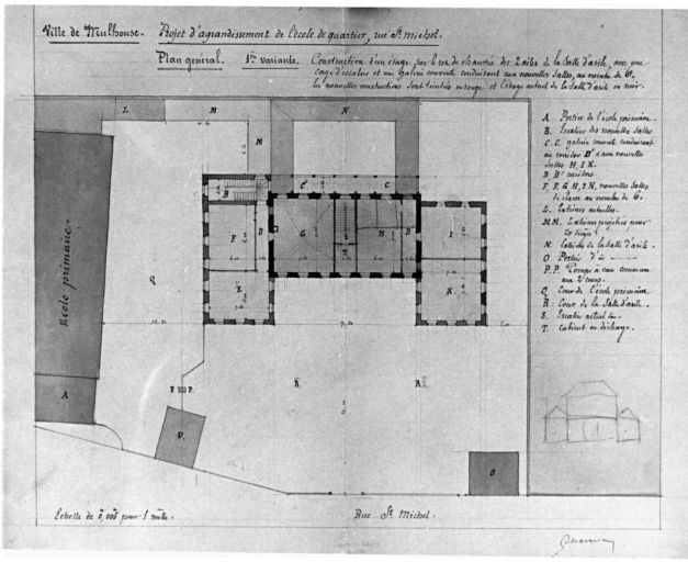 Projet d'agrandissement de l'école. Plan général, première variante.