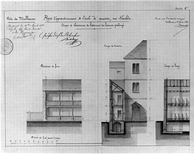 Projet d'agrandissement de l'école. Coupes et élévations du bâtiment des latrines prolongé.