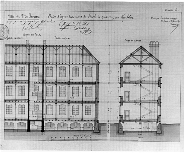 Projet d'agrandissement de l'école. Coupe en long, coupe en travers.