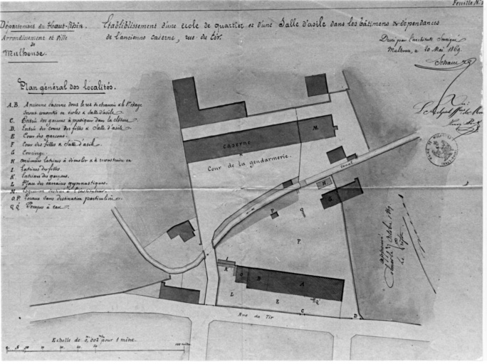 Etablissement d'une école de quartier et d'une salle d'asile dans les bâtiments et dépendances de l'ancienne caserne, rue du Tir. Plan général des localités.