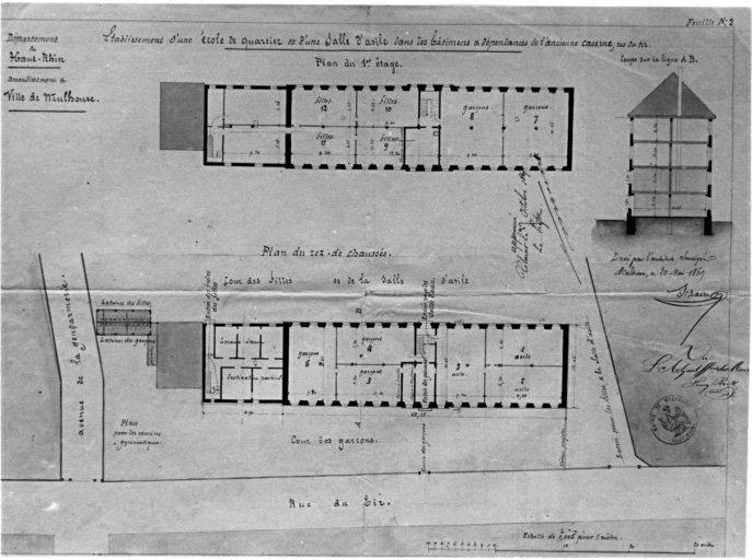 Etablissement d'une école de quartier et d'une salle d'asile dans les bâtiments et dépendances de l'ancienne caserne, rue du Tir. Plan du rez-de-chaussée et du premier étage. Coupe sur la ligne AB.