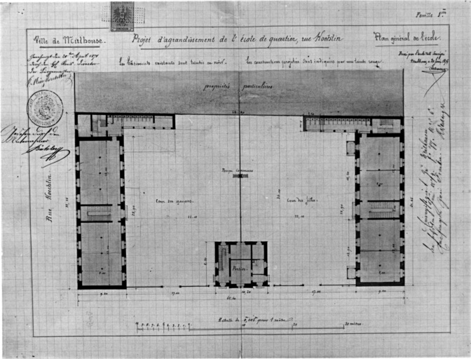 Projet d'agrandissement de l'école. Plan général de l'école (les bâtiments existants sont teintés en noir, ceux projetés sont indiqués par une teinte rouge).