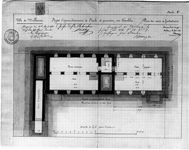 Projet d'agrandissement de l'école. Plan des caves et des fondations.