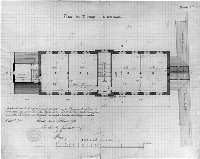 Projet de construction d'un deuxième étage sur le bâtiment de l'école. Plan du deuxième étage à construire.