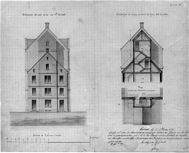 Projet de construction d'un deuxième étage sur le bâtiment de l'école. Elévation du côté de la rue Saint-Michel. Elévation et coupe suivant la ligne AB du plan.