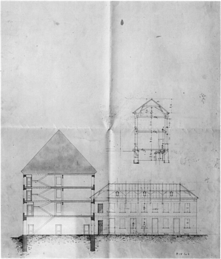 Projet d'agrandissement : coupe et élévation du bâtiment ancien et de l'aile en retour.