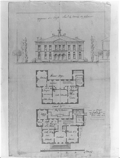 Premier plan et distribution des pièces. Rez-de-chaussée, premier étage. Elévation.