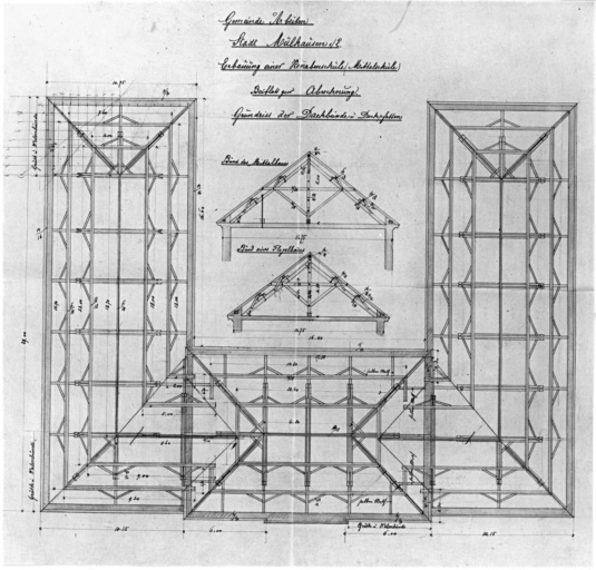 Construction d'une école spéciale de garçons (Mittelschule). Plan et coupe de la charpente.