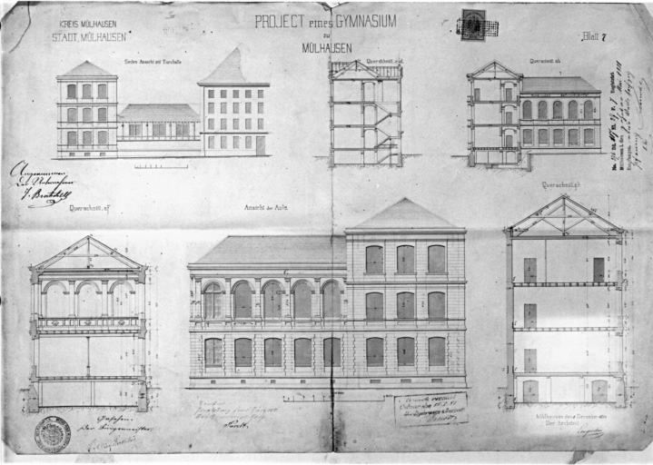 Projet de lycée : élévation latérale avec salle de gymnastique, coupes, élévations.