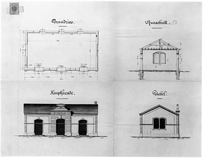 Construction d'une salle de gymnastique. Plan, coupe et élévation.