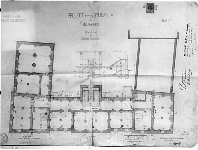 Projet de lycée : plan des caves et des fondations du nouveau bâtiment.