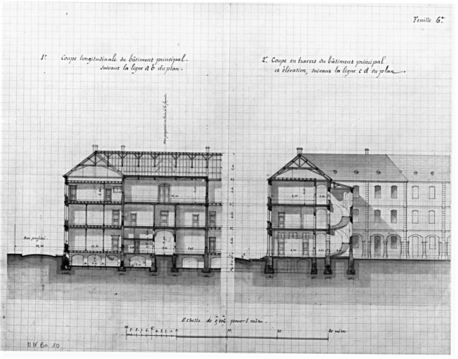 Construction d'une école spéciale de garçons (Mittelschule). Avant-projet : coupe longitudinale du bâtiment principal suivant la ligne AB du plan. Coupe en travers du bâtiment principal et élévation suivant la ligne CD du plan.