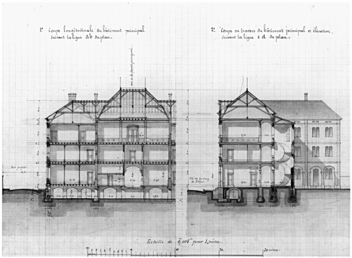 Construction d'une école spéciale de garçons (Mittelschule). Avant-projet : coupe longitudinale du bâtiment principal suivant la ligne AB du plan. Coupe en travers du bâtiment principal et élévation suivant la ligne CD du plan.