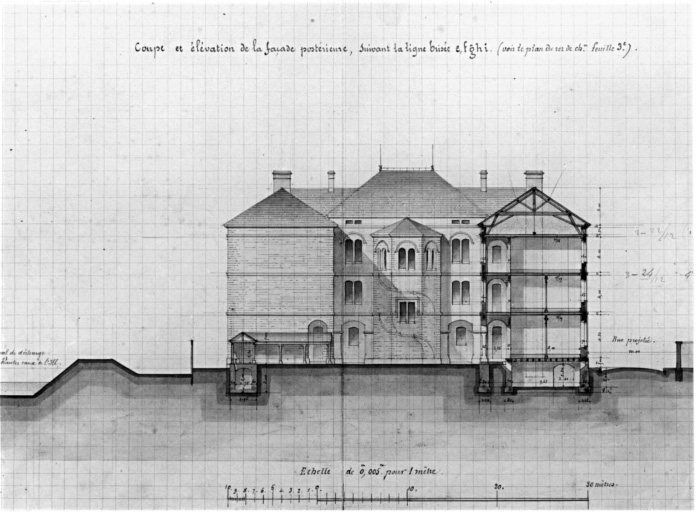 Construction d'une école spéciale de garçons (Mittelschule). Avant-projet : coupe et élévation de la façade postérieure.