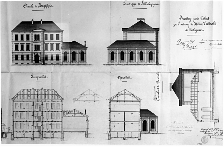 Construction de deux nouveaux bâtiments pour l'agrandissement de l'école secondaire de filles : élévation principale, Elévation sur la rue. Schlumberger, coupe longitudinale, coupe transversale, coupe longitudinale sur la salle de gymnastique.