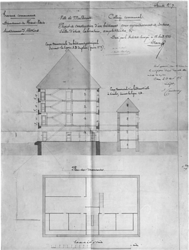 Projet de construction d'un bâtiment pour agrandissement : plan et coupes.