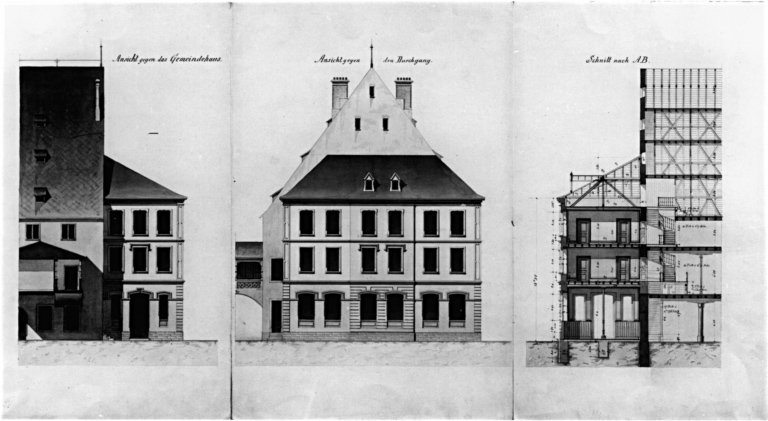 Bâtiment annexe ajouté à la façade sud : coupe et élévations.