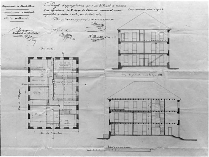 Projet d'appropriation pour un tribunal de commerce et ses dépendances du deuxième étage du bâtiment communal : plan détaillé, coupes.