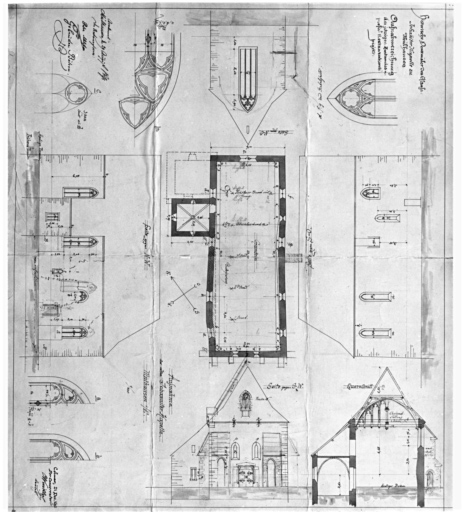 Chapelle : relevé de l'état en 1892 et projet de restauration (plans, coupes, élévations et détails).