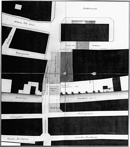 Bâtiment annexe projeté avec prolongement du passage de l'hôtel de ville : plan de situation.