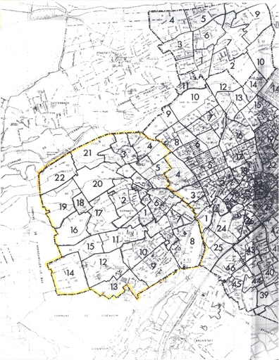 Plan de l'ancien village de Dornach (plan d'assemblage du cadastre de 1905), avec découpage des feuilles.