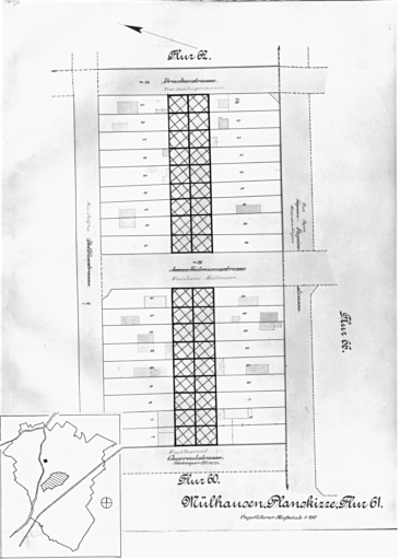 Plan cadastral de 1905, avec la situation des édifices inventoriés. Extrait de la section 61. Edifice étudié : la cité ouvrière.