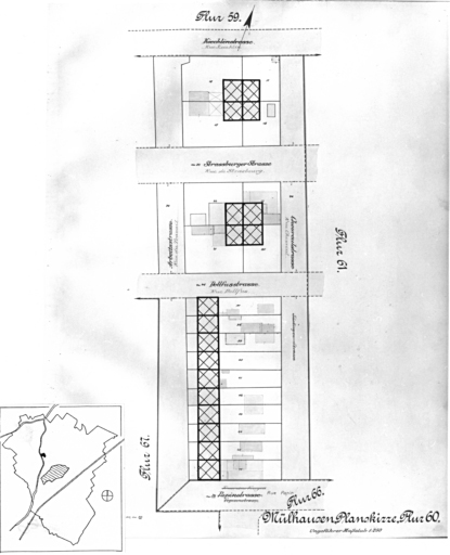 Plan cadastral de 1905, avec la situation des édifices inventoriés. Extrait de la section 60. Edifice étudié : la cité ouvrière.