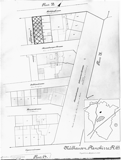 Plan cadastral de 1905, avec la situation des édifices inventoriés. Extrait de la section 63. Edifice étudié : la cité ouvrière.