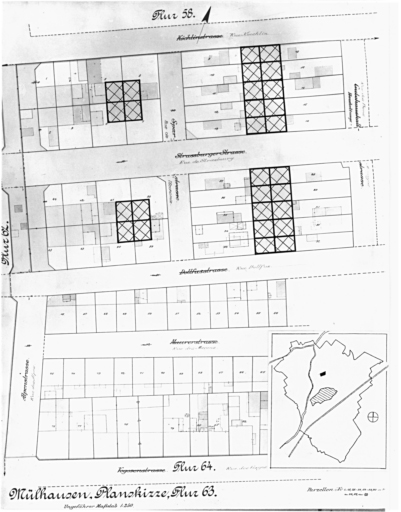 Plan cadastral de 1905, avec la situation des édifices inventoriés. Extrait de la section 63. Edifice étudié : la cité ouvrière.