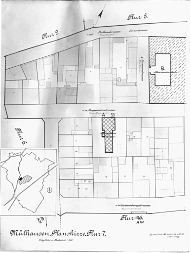 Plan cadastral de 1905, avec la situation des édifices inventoriés. Extrait de la section 7. A : bâtiment des Poids et Mesures, 58 rue Huguenin. B : école professionnelle (détruite).