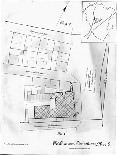 Plan cadastral de 1905, avec la situation des édifices inventoriés. Extrait de la section 8. A : Caisse d'Epargne, 7 boulevard du Président Roosevelt.