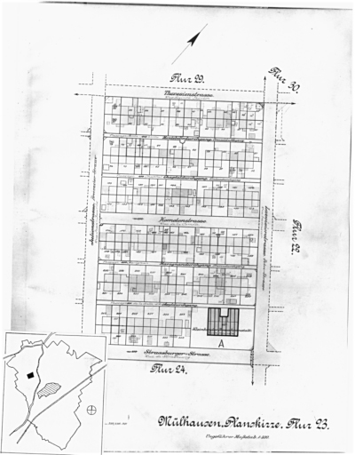 Plan cadastral de 1905, avec la situation des édifices inventoriés. Extrait de la section 23. Edifice repéré : école maternelle, rue de Strasbourg.