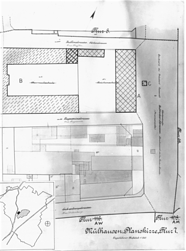 Plan cadastral de 1905, avec la situation des édifices inventoriés. Extrait de la section 7. A : école de dessin, boulevard du Président Roosevelt (détruite après inventaire). C : monument commémoratif de J.-H. Lambert. B : école professionnelle, détruite.