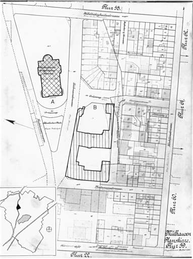 Plan cadastral de 1905, avec la situation des édifices inventoriés. Extrait de la section 59. A : église Saint-Fridolin. B : collège Lambert, 73 rue Josué Heilmann (repéré).