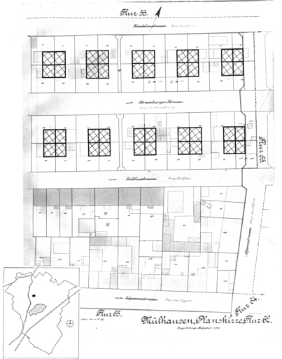 Plan cadastral de 1905, avec la situation des édifices inventoriés. Extrait de la section 62. Edifice étudié : la cité ouvrière.