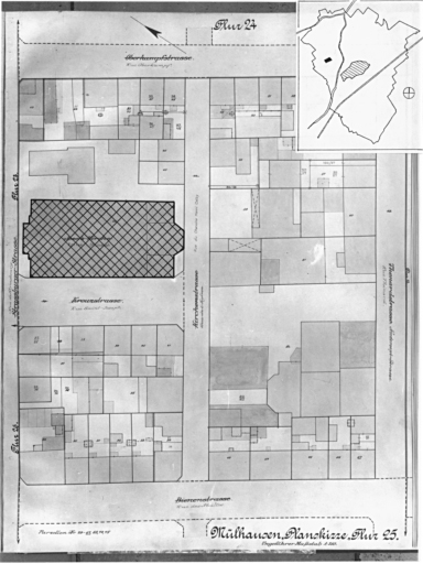 Plan cadastral de 1905, avec la situation des édifices inventoriés. Extrait de la section 25. Edifice étudié : église Saint-Joseph.