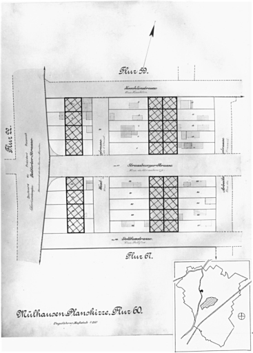 Plan cadastral de 1905, avec la situation des édifices inventoriés. Extrait de la section 60. Edifice étudié : la cité ouvrière.