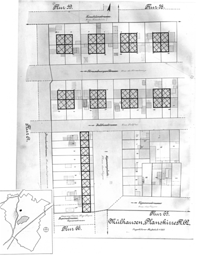 Plan cadastral de 1905, avec la situation des édifices inventoriés. Extrait de la section 62. Edifice étudié : la cité ouvrière.